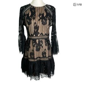 Adelyn Rae Black Lace Overlay Long Sleeve Mini Dress Size M